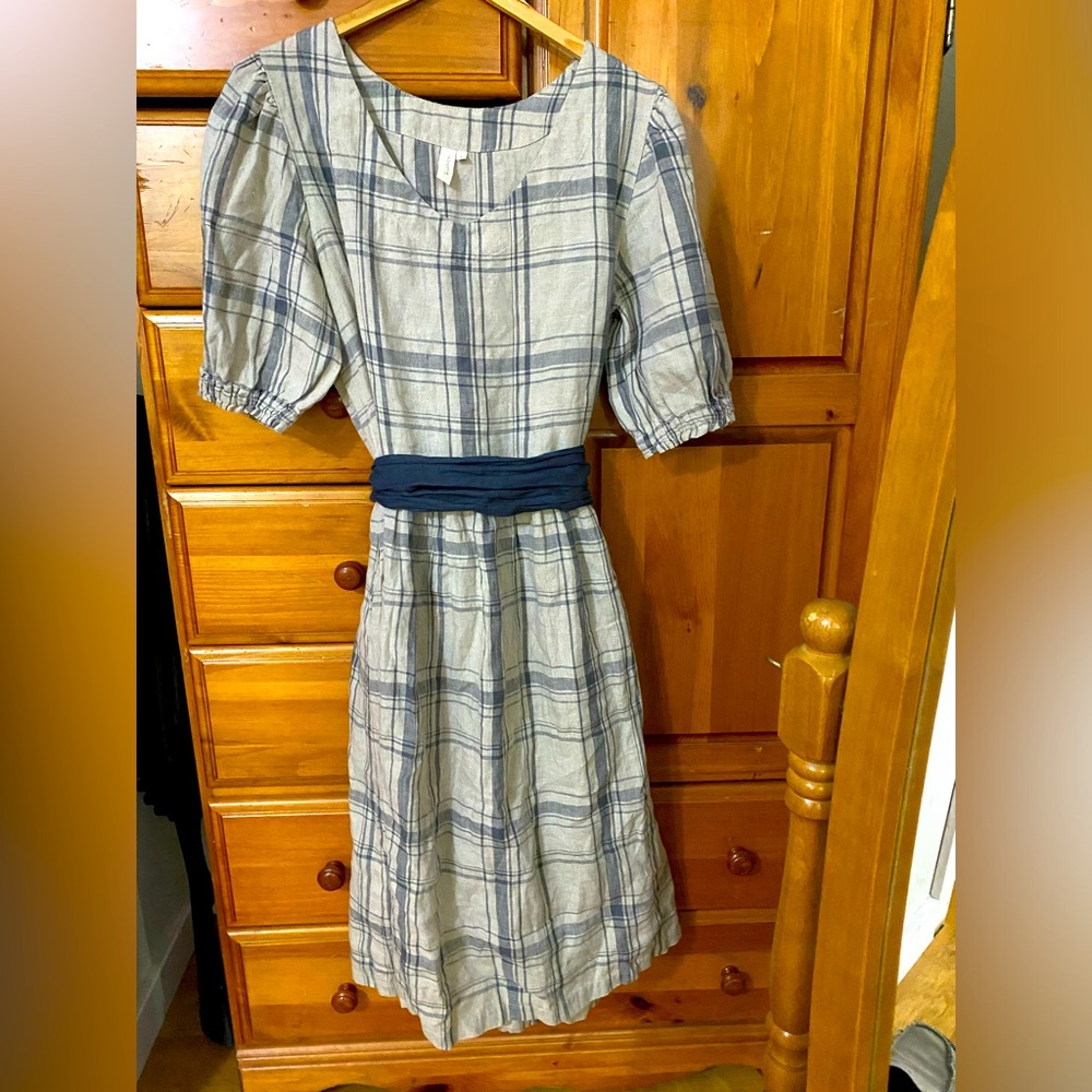 Two Linen Tartan Plaid Puff Sleeve Dress